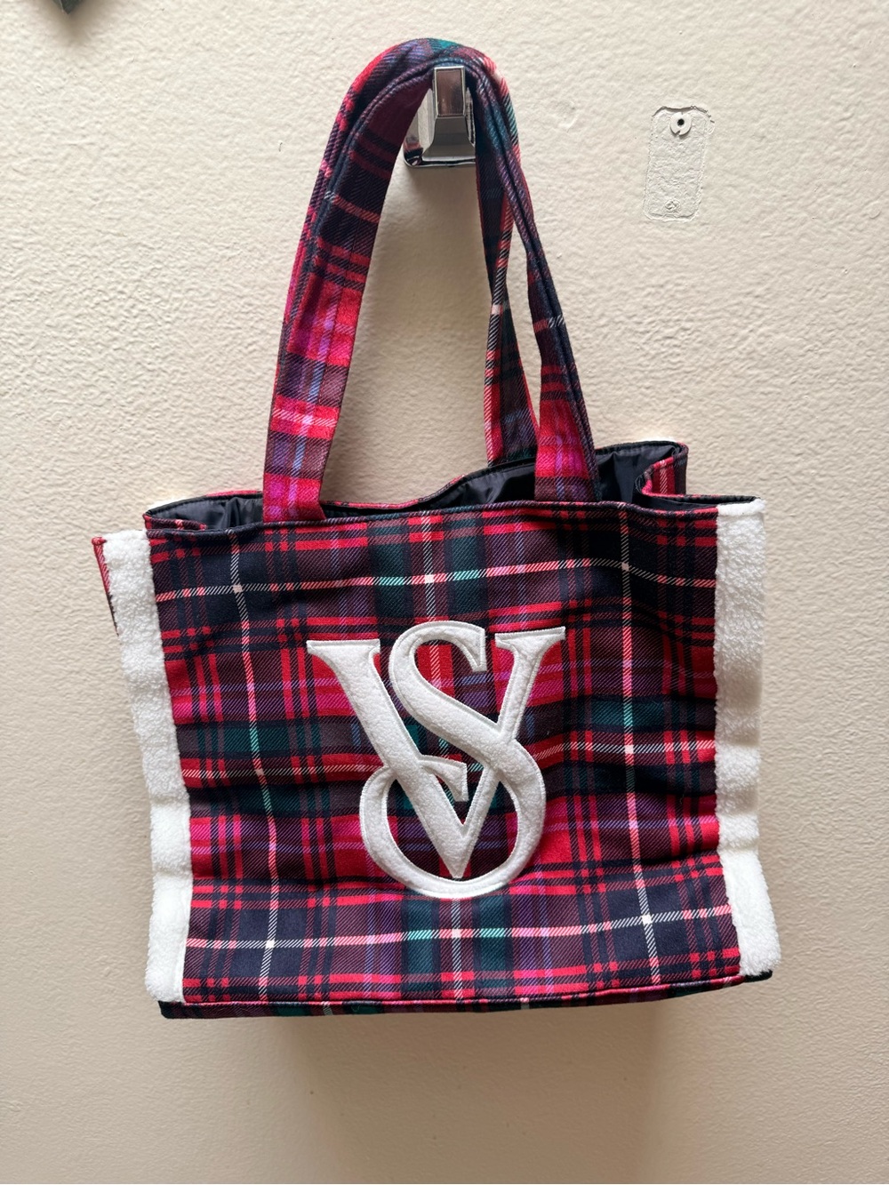 Victoria's Secret Red and Black Plaid Tote with White VS Logo